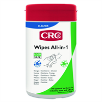 Wipes All-in-one förpackning. Gjord av plast, rött lock, cylinderformad, vit och grön, CRC logo på.
