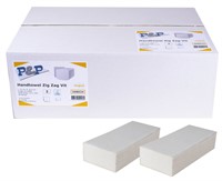 2 st högar, rakt staplade bredvid varandra med vit papperhanduk Bakom en vit papplåda, med P&P logo