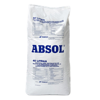 En vit plastsäck med Absol inuti, på säcken står det "ABSOL" med blå text.