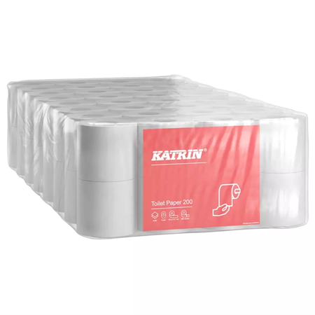 En bal med genomskinlig plast, intui är det massa toalletpapper. Balen är rektangulär formad