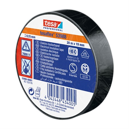 Eltejp Svart, Tesa® Professional 53988, 19mm x 20m, 10rl/frp