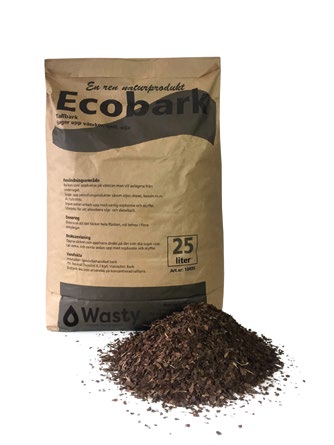 En brun 25 liter säck med ecobark inuti. På säcken står det "Ecobark" med svart text.