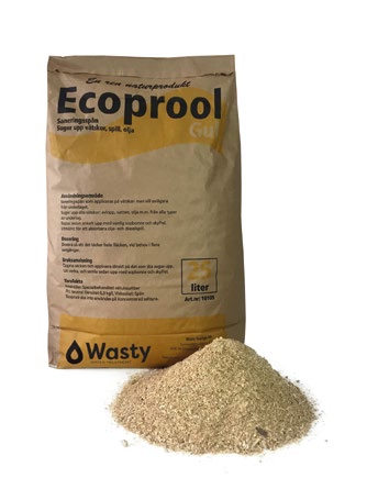 En brun papperssäck med Ecoprool inuti, på säcken står det "ecoprool" med svart text.